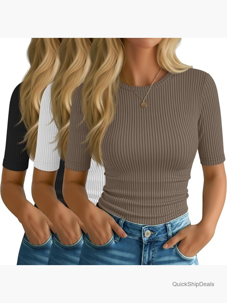 3 Pack Women's Elbow Length Tees - Half Sleeve Ribbed Cotton T Shirt Crew Neck